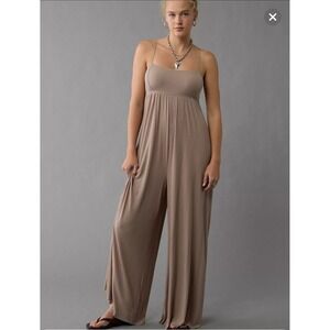 NWT American Eagle Soft & Sexy Brown Ribbed Empire Waist Jumpsuit Wide Loose Leg